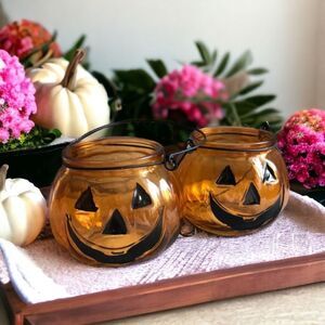 Set of 2 NWT Halloween Pumpkin Jack o lantern Glass Tealight Candle Hold…